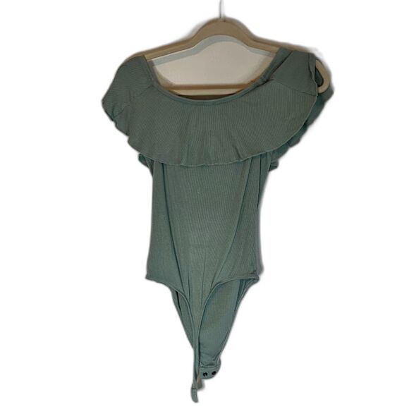 Express Bodysuit S Lght Blue Ruffle Neckline Sleeveless Ribbed Cottagecore Boho - Picture 2 of 3